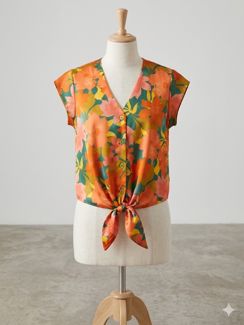 DR2 Floral Tie-Front V-Neck Top in Orange, Green and Pink